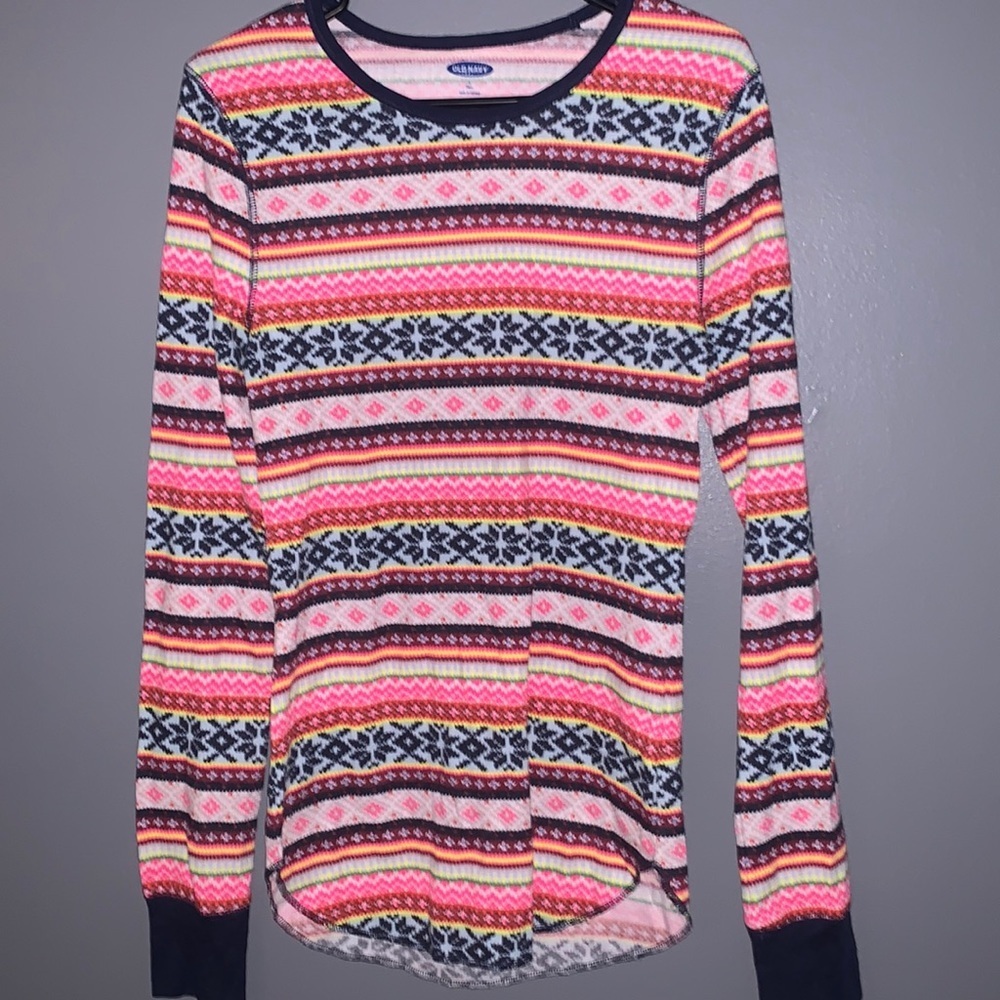 Old navy brand. Very long shirt. Very bright & colorful long sleeve shirt.